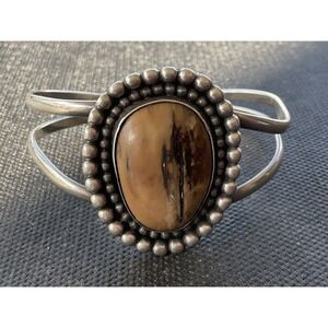 Vintage Sterling Silver Petrified Wood Cuff Bracelet Navajo Native
